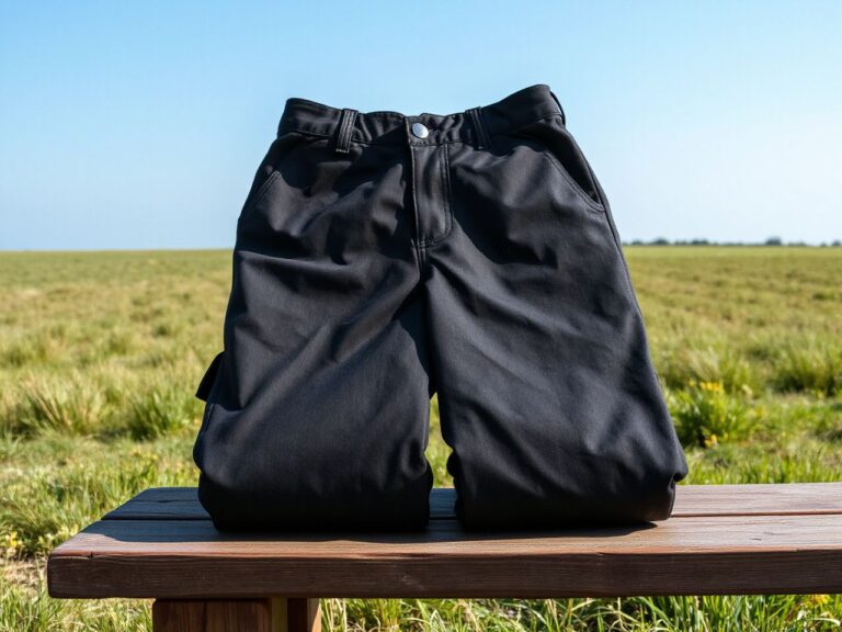 A pair of plain dark cargo trousers folded neatly on a wooden bench at the edge of a grassy field under a blue sky