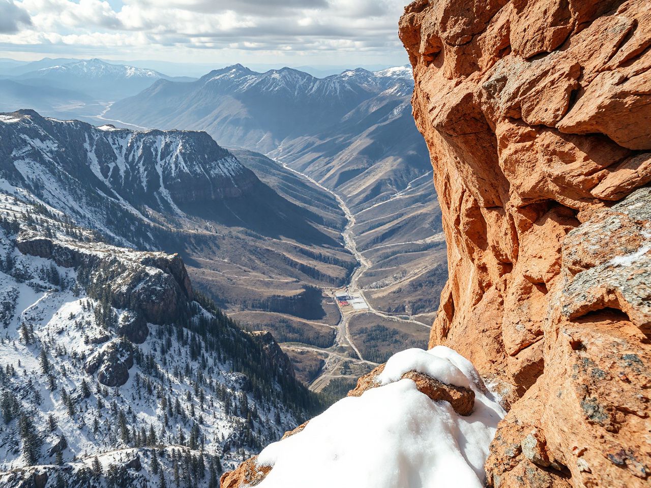 A windswept cliff edge overlooking a vast valley, illustrating the importance of protective gear in extreme conditions