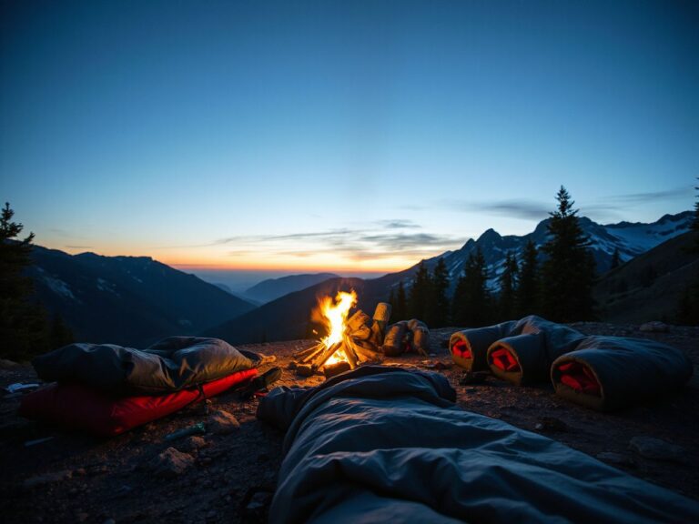 A serene mountain campsite at dawn with sleeping bags laid out beside a glowing campfire