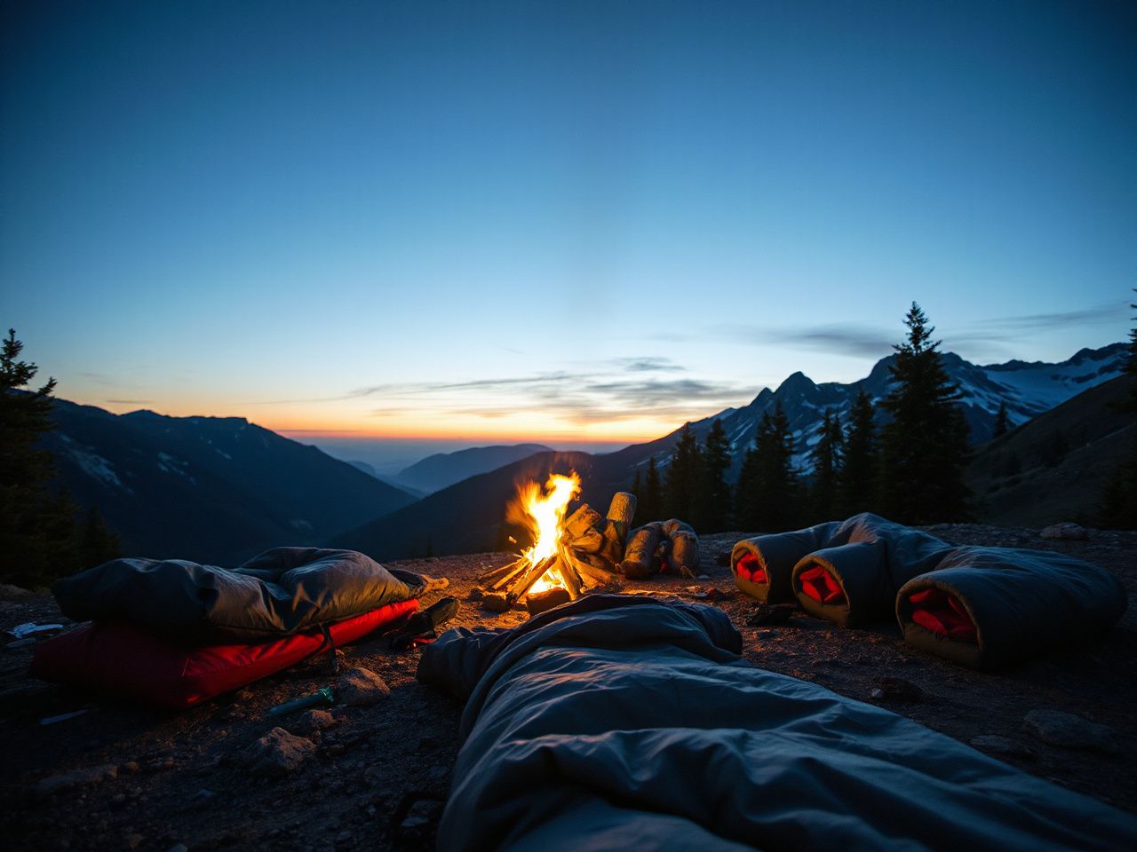 A serene mountain campsite at dawn with sleeping bags laid out beside a glowing campfire