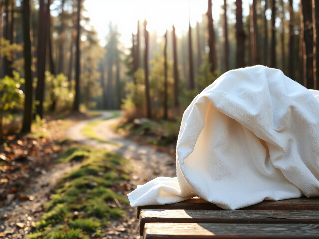 Soft cotton fabric draped over a wooden bench beside a sunlit forest trail in early morning