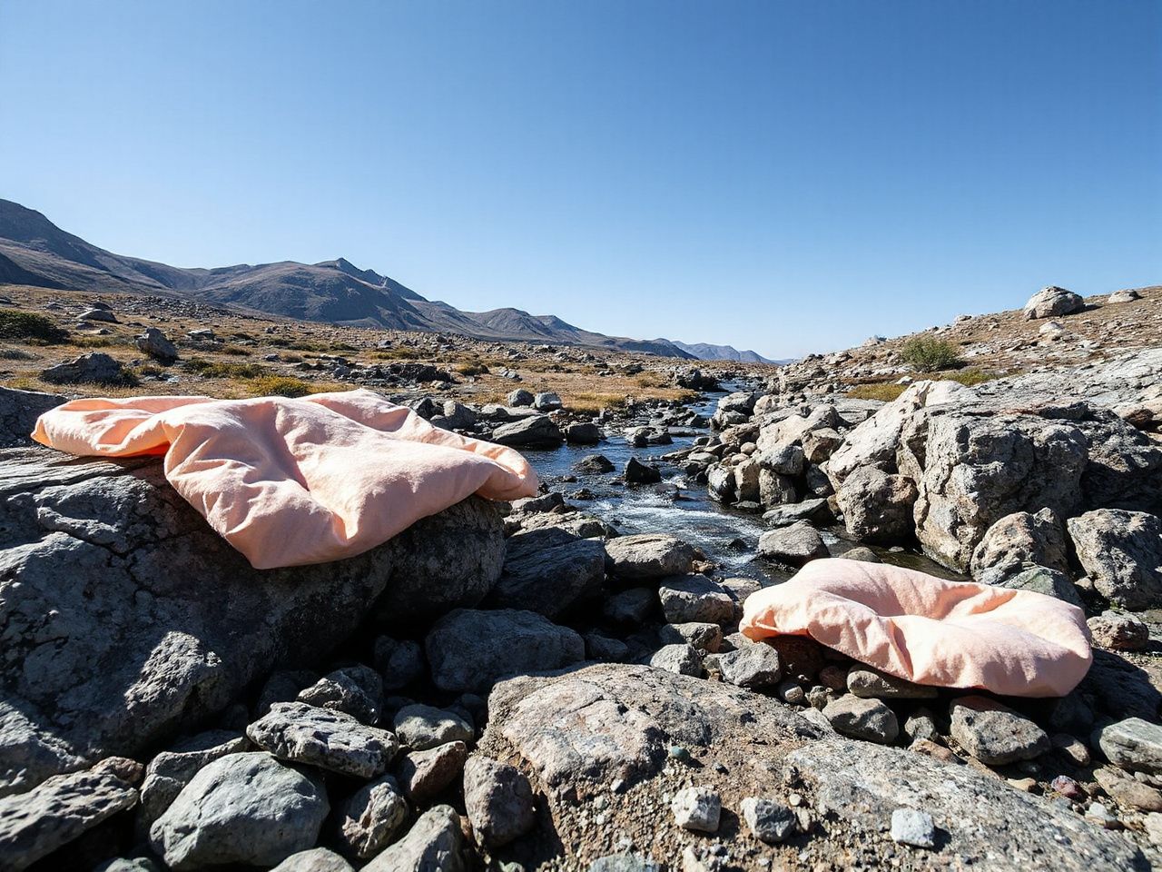 Bright synthetic insulation layers spread out on rocks near a mountain stream under clear blue skies