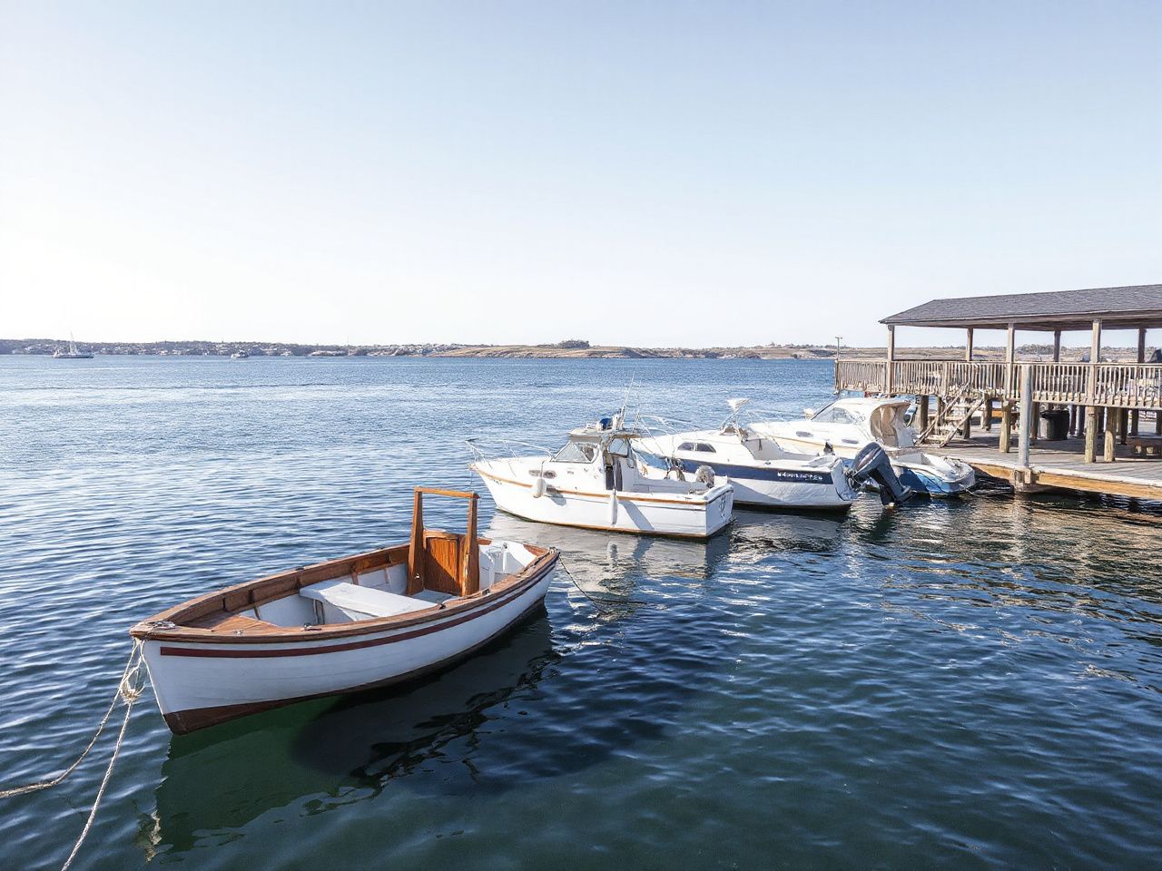 A calm harbor with several small boats anchored near a wooden dock under clear blue skies