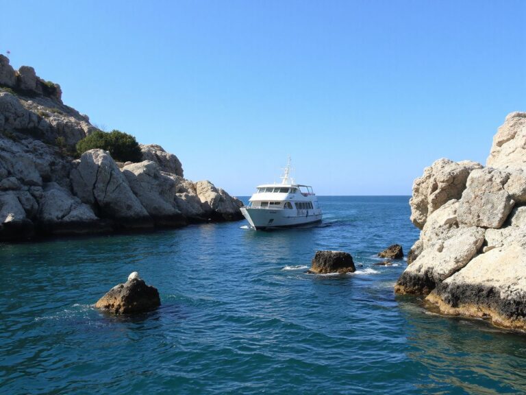 A small white passenger ship sailing along a rocky Adriatic coastline with turquoise water, seen from far away