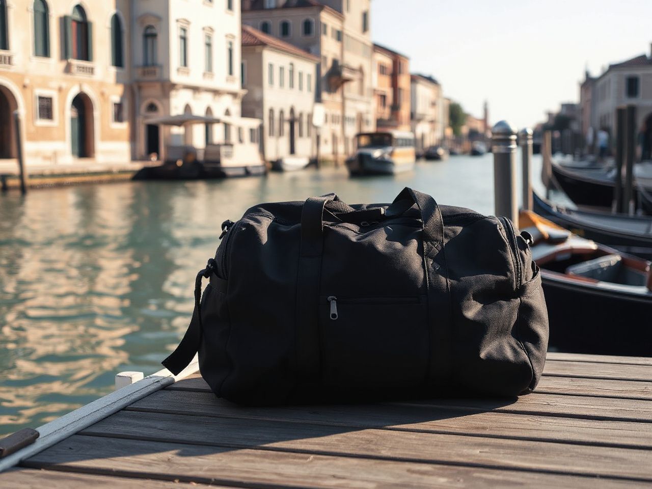 A neatly packed duffel bag resting on a wooden dock beside calm, sunlit Venetian canal waters
