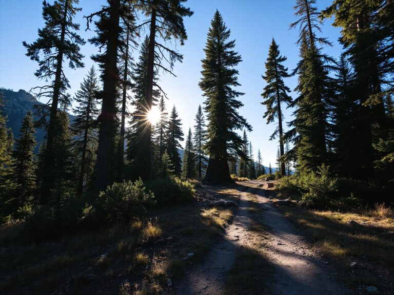 A sunlit mountain trail winding through tall pine trees under a clear blue sky