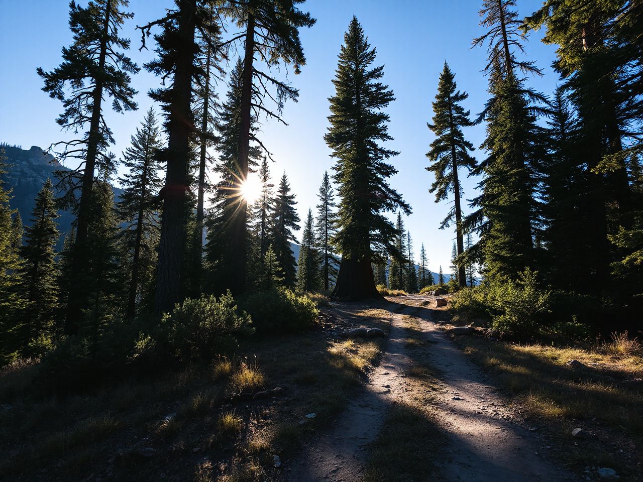 A sunlit mountain trail winding through tall pine trees under a clear blue sky