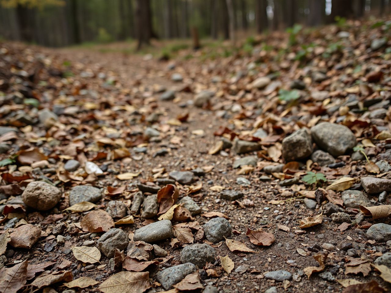 Close-up of a rugged forest path covered with fallen leaves and scattered rocks