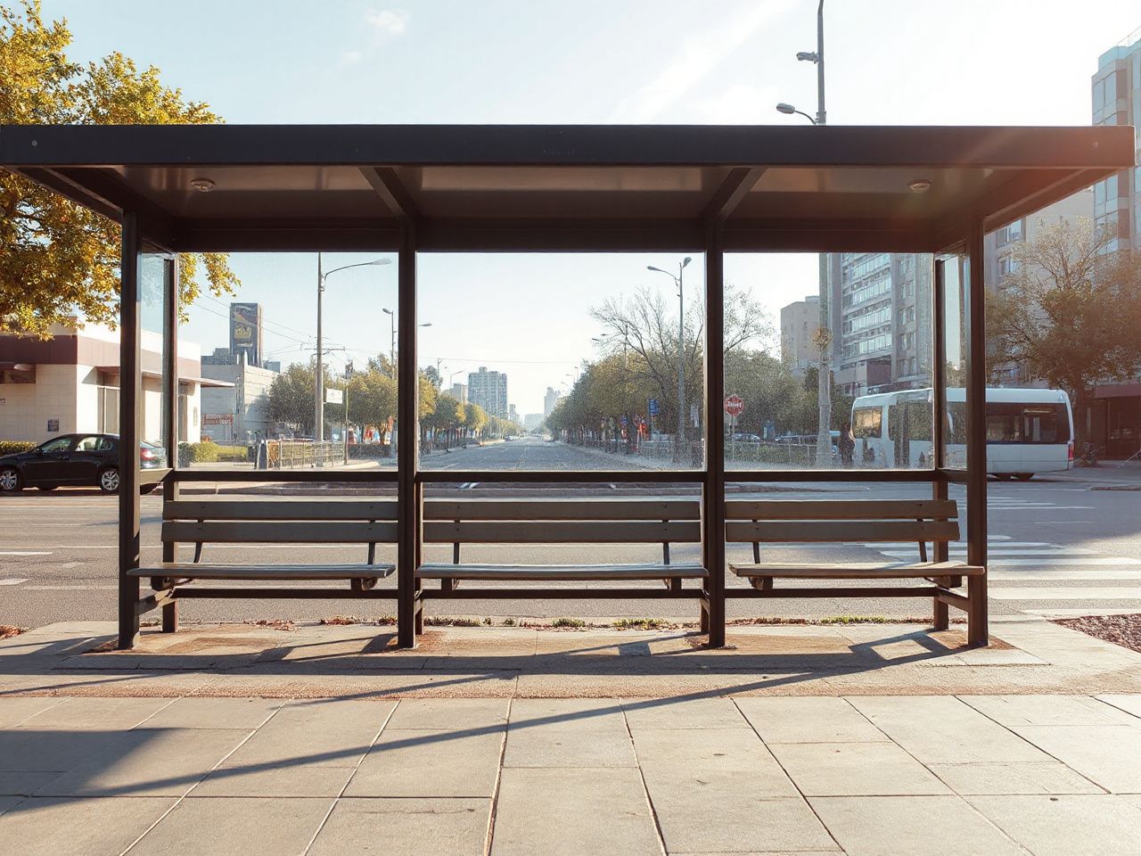 Sunlit city bus stop with empty benches and a quiet street in the background during daytime