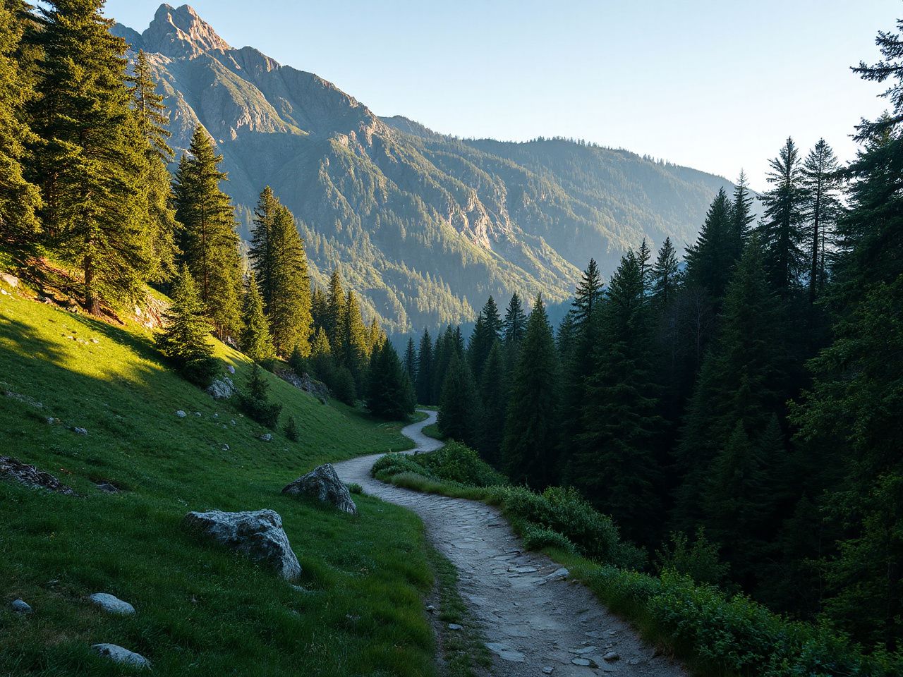 A winding mountain trail bathed in morning light, surrounded by dense green forest and rocky outcrops