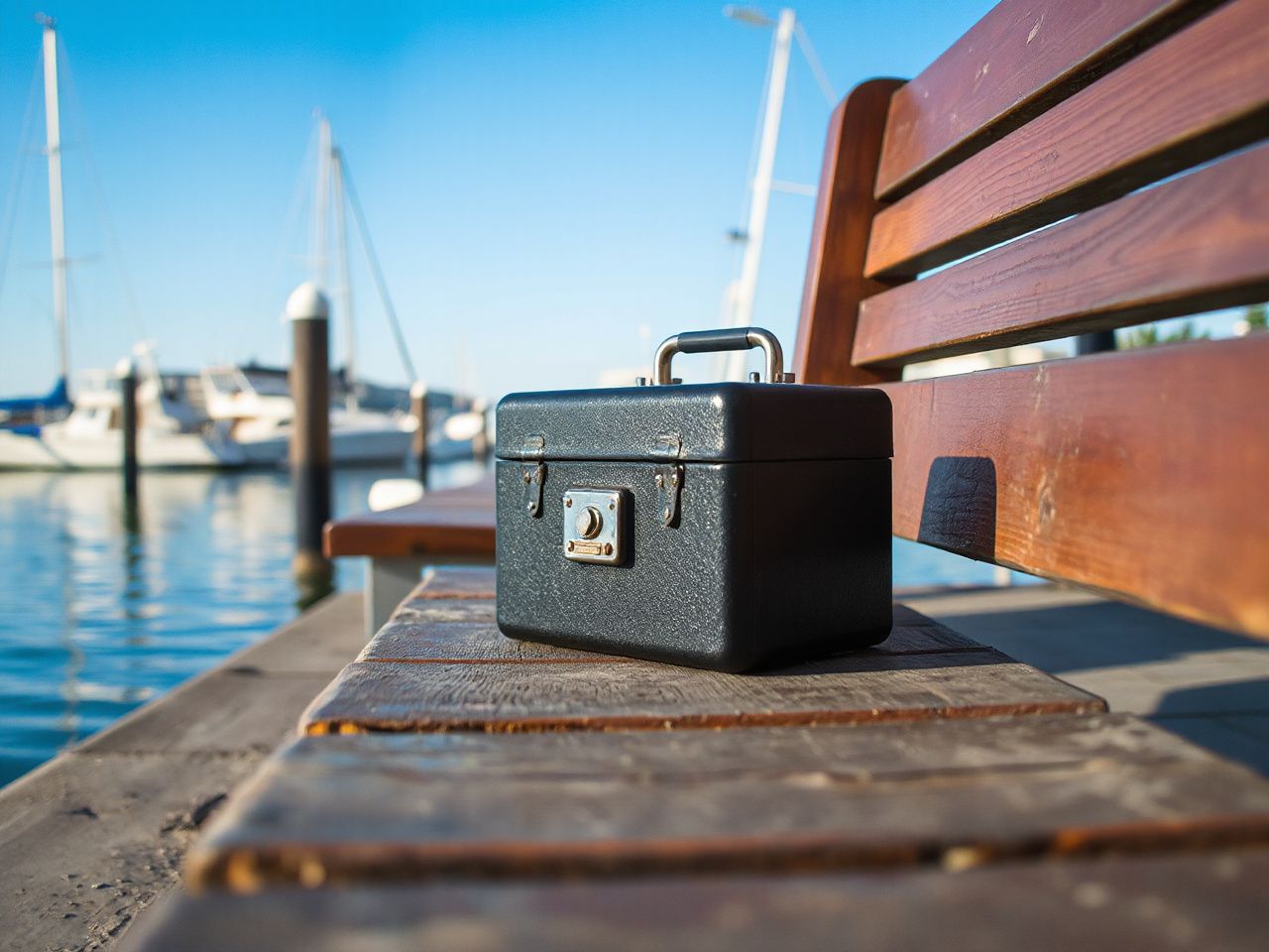A sturdy lockbox resting on a weathered wooden bench at a quiet harbor under clear blue skies