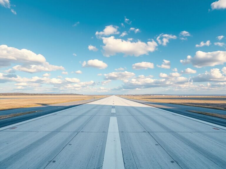 A bright airport runway stretching into the distance under a clear blue sky with scattered clouds