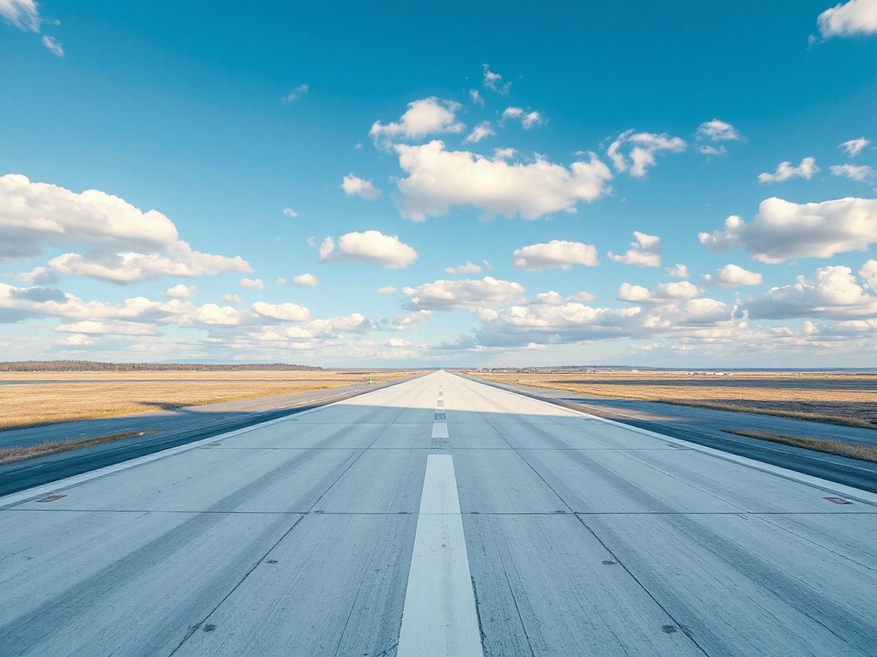 A bright airport runway stretching into the distance under a clear blue sky with scattered clouds