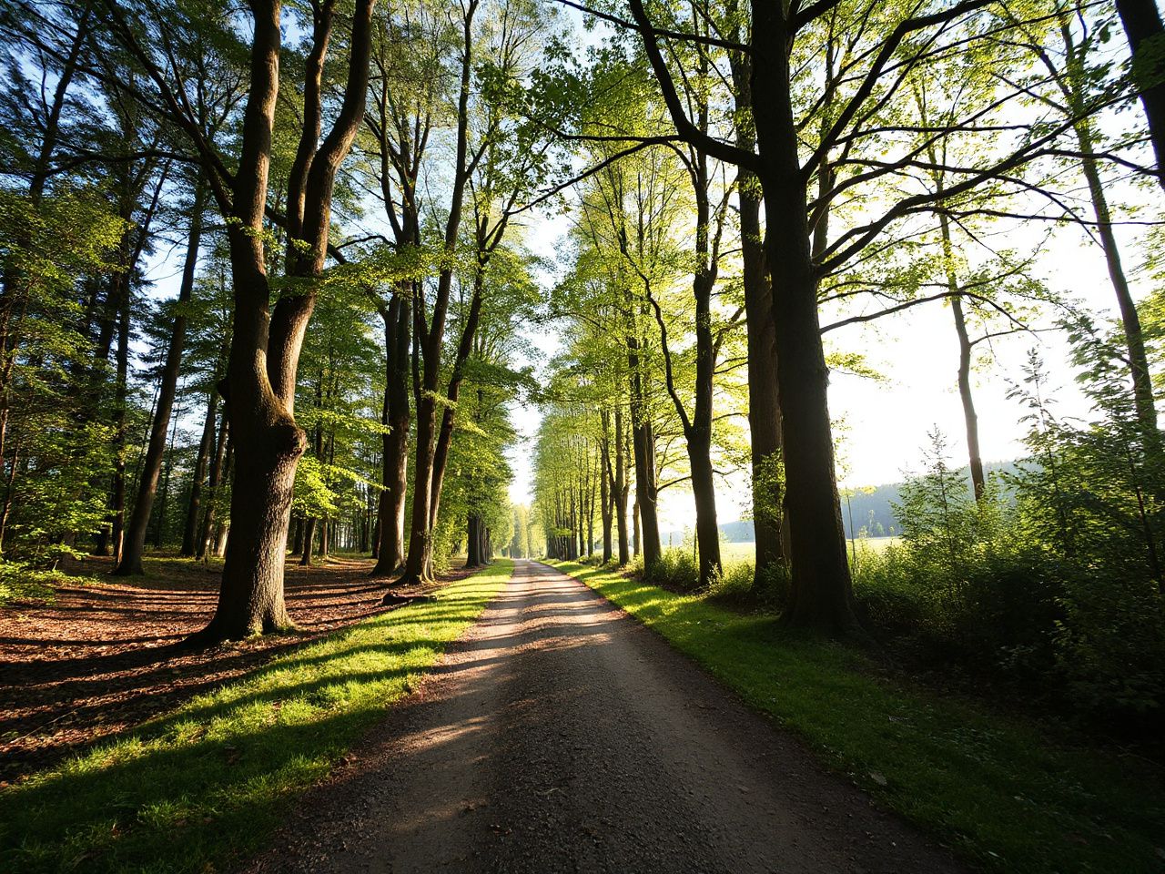 A quiet, sunlit forest trail winding gently through tall green trees and dappled sunlight on the ground