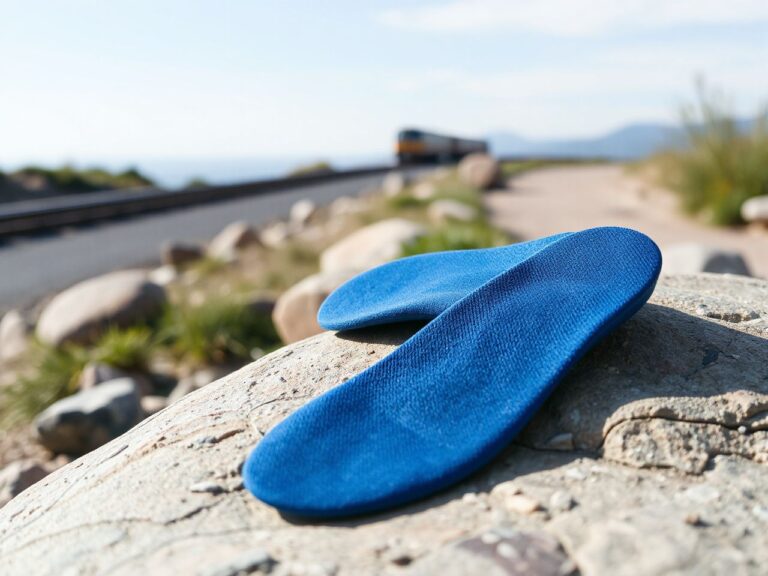 A pair of plain blue sport insoles resting on a smooth rock beside a running trail