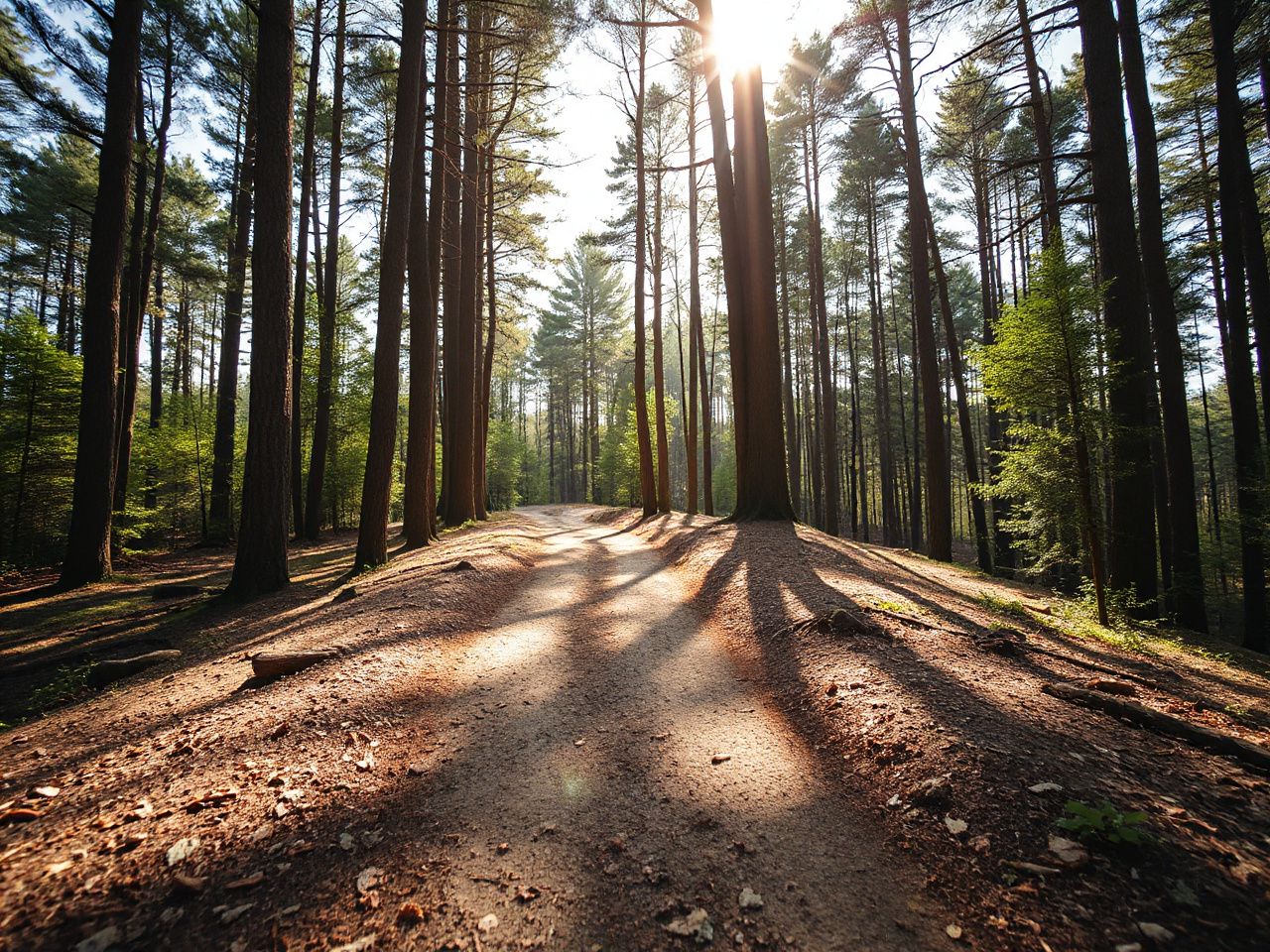 A sunlit forest trail winding through tall trees, illustrating the choice between better shoes and sport insoles