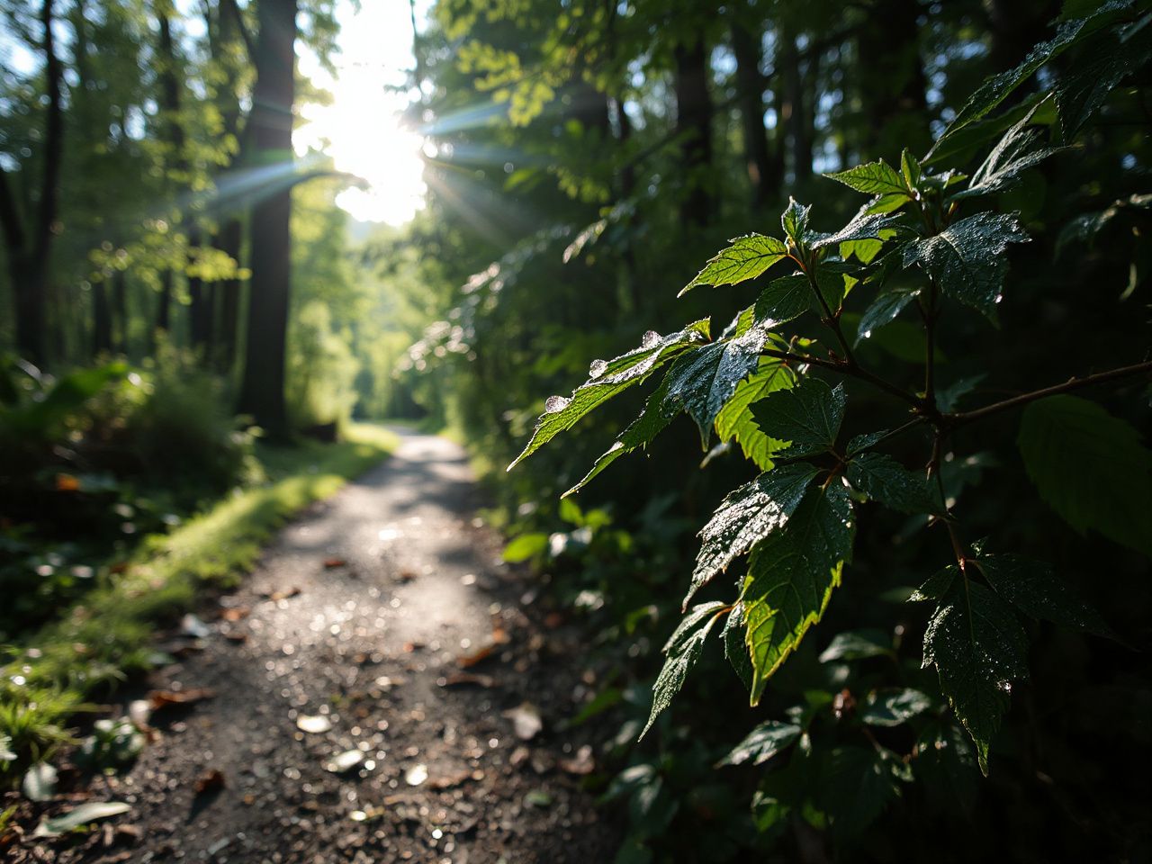 Morning sunlight filters through dew-covered leaves along a shaded forest trail, highlighting natural moisture balance