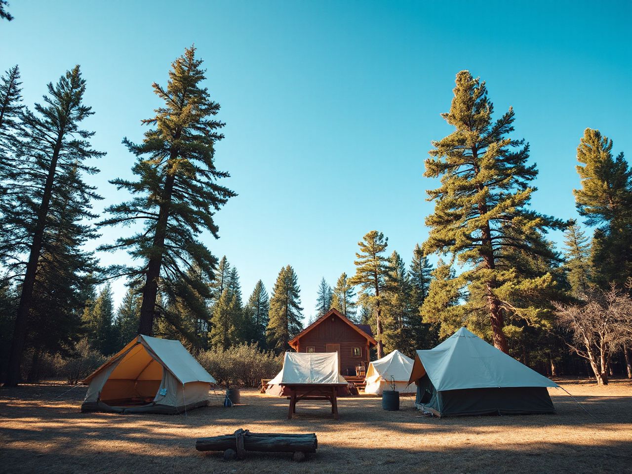 A peaceful campsite with rustic tents pitched among towering pine trees under a bright blue sky