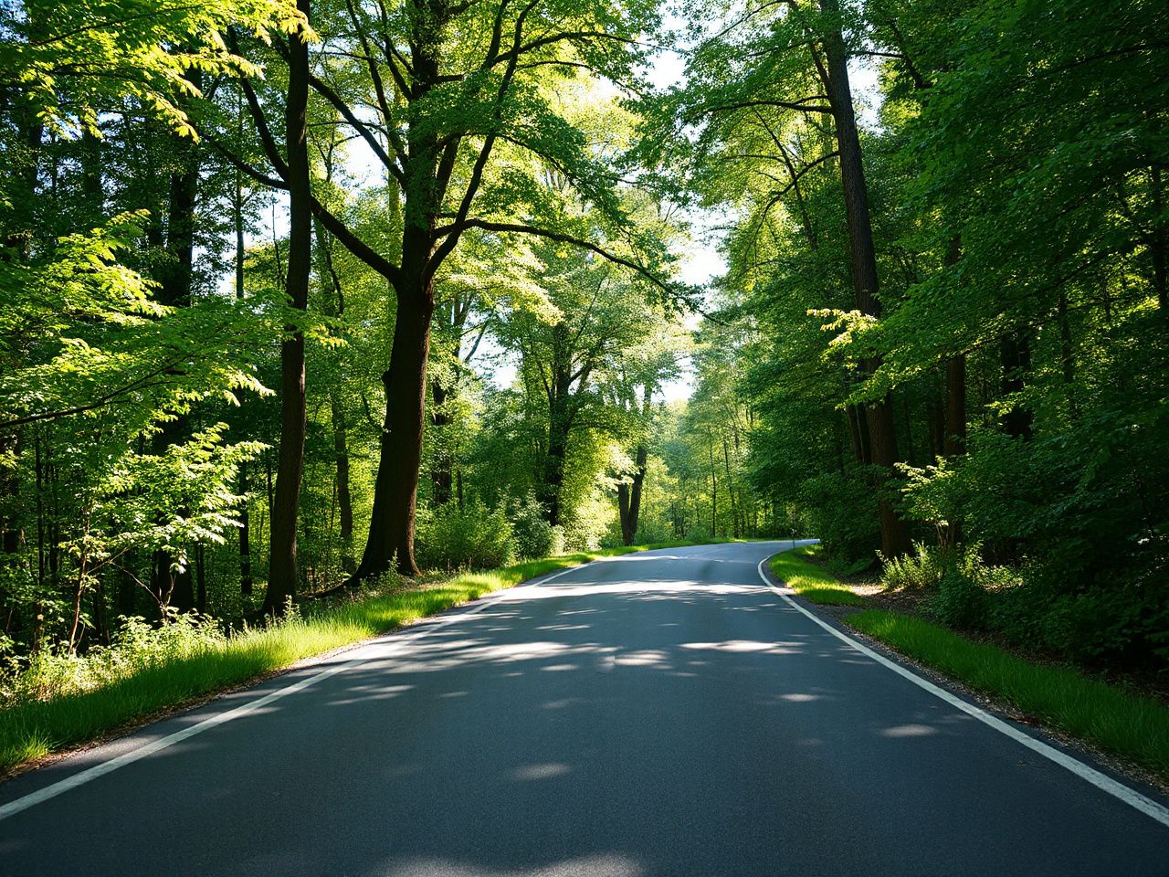 A quiet forest road winding through dense greenery, sunlight filtering through the leaves on a clear day
