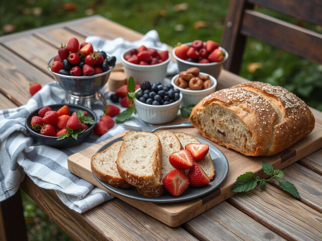 A colorful outdoor picnic spread on a wooden table with fresh berries and traditional Swedish bread