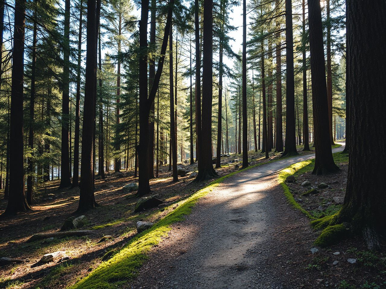 A sunlit forest trail winding through tall pine trees with scattered rocks and moss