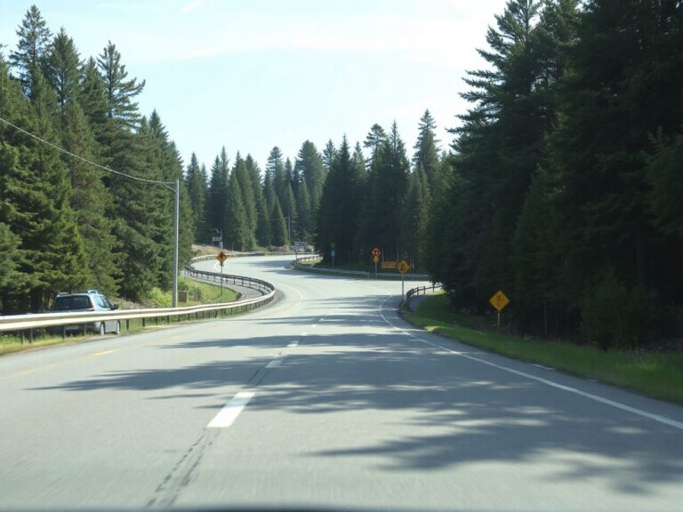 A peaceful border crossing with a winding road flanked by dense pine forests under clear skies
