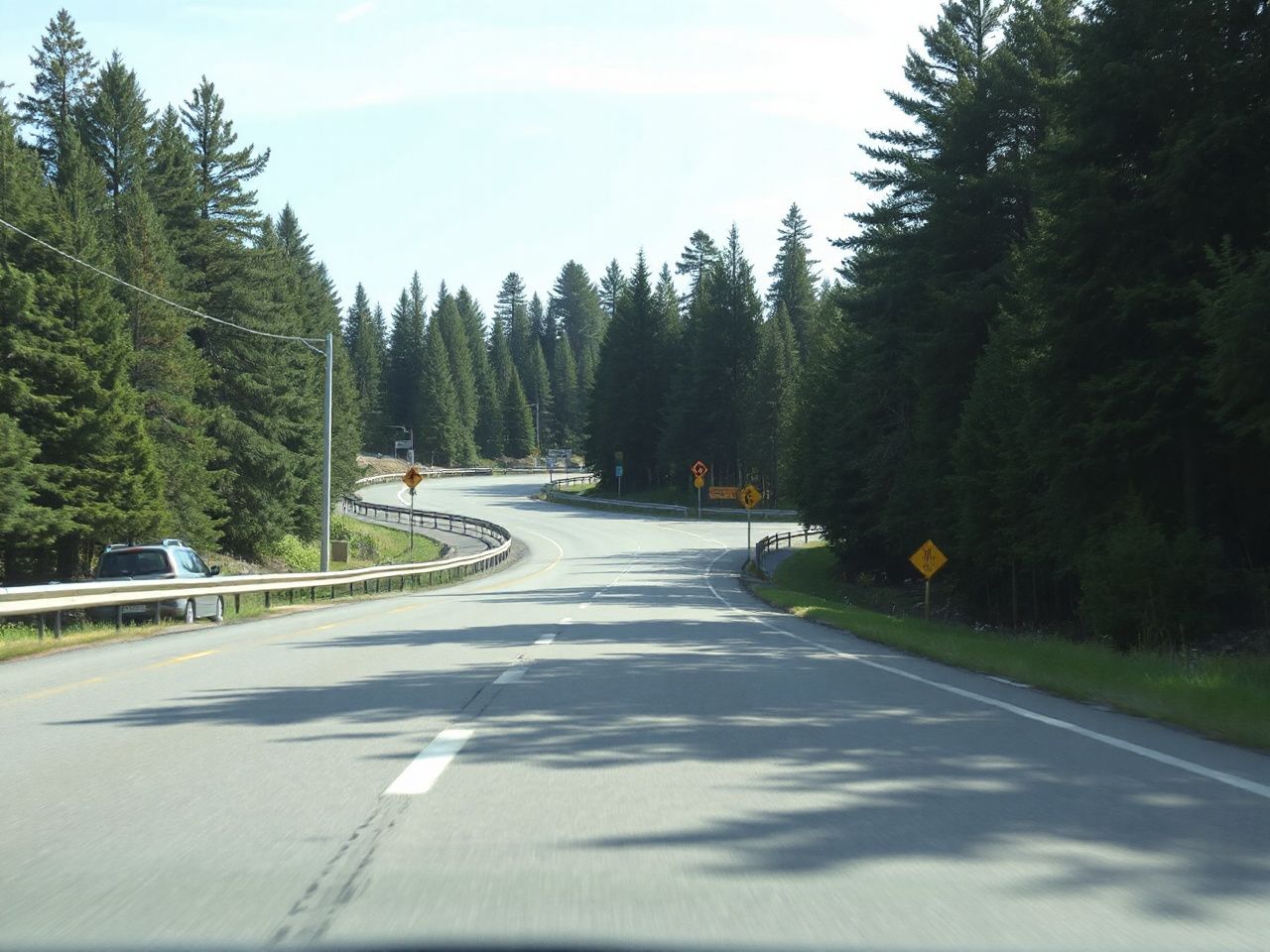 A peaceful border crossing with a winding road flanked by dense pine forests under clear skies