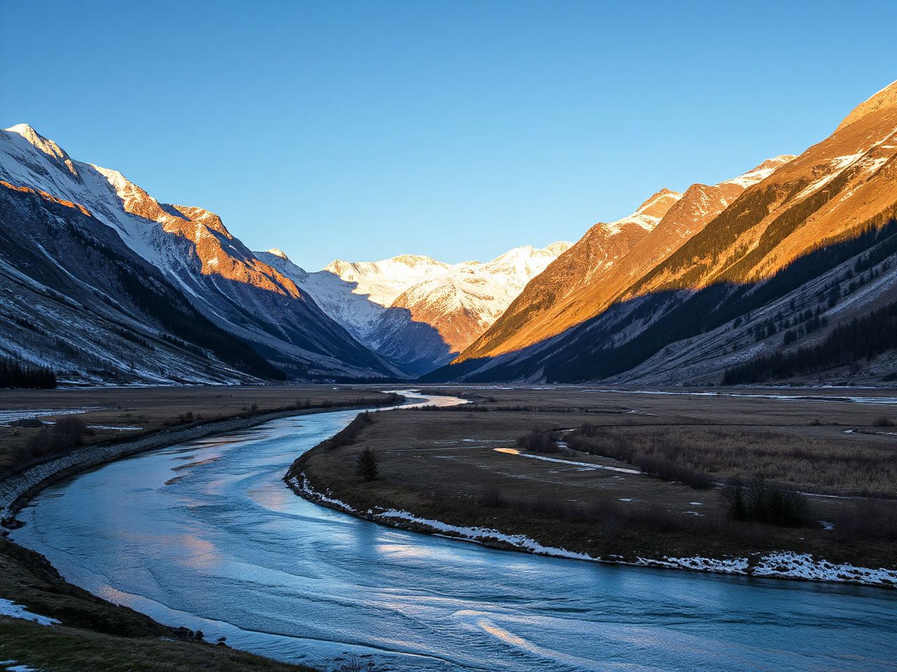 A serene river winding through towering snow-capped Alps under a clear blue sky, showcasing Switzerland's unique landscape
