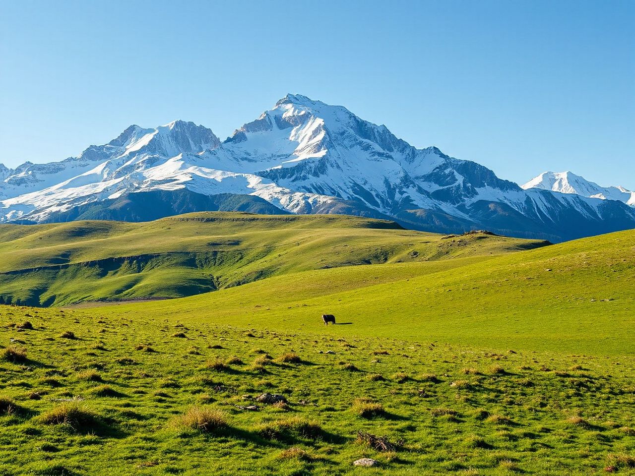 Snow-capped Swiss Alps towering over vibrant green meadows under a clear blue spring sky