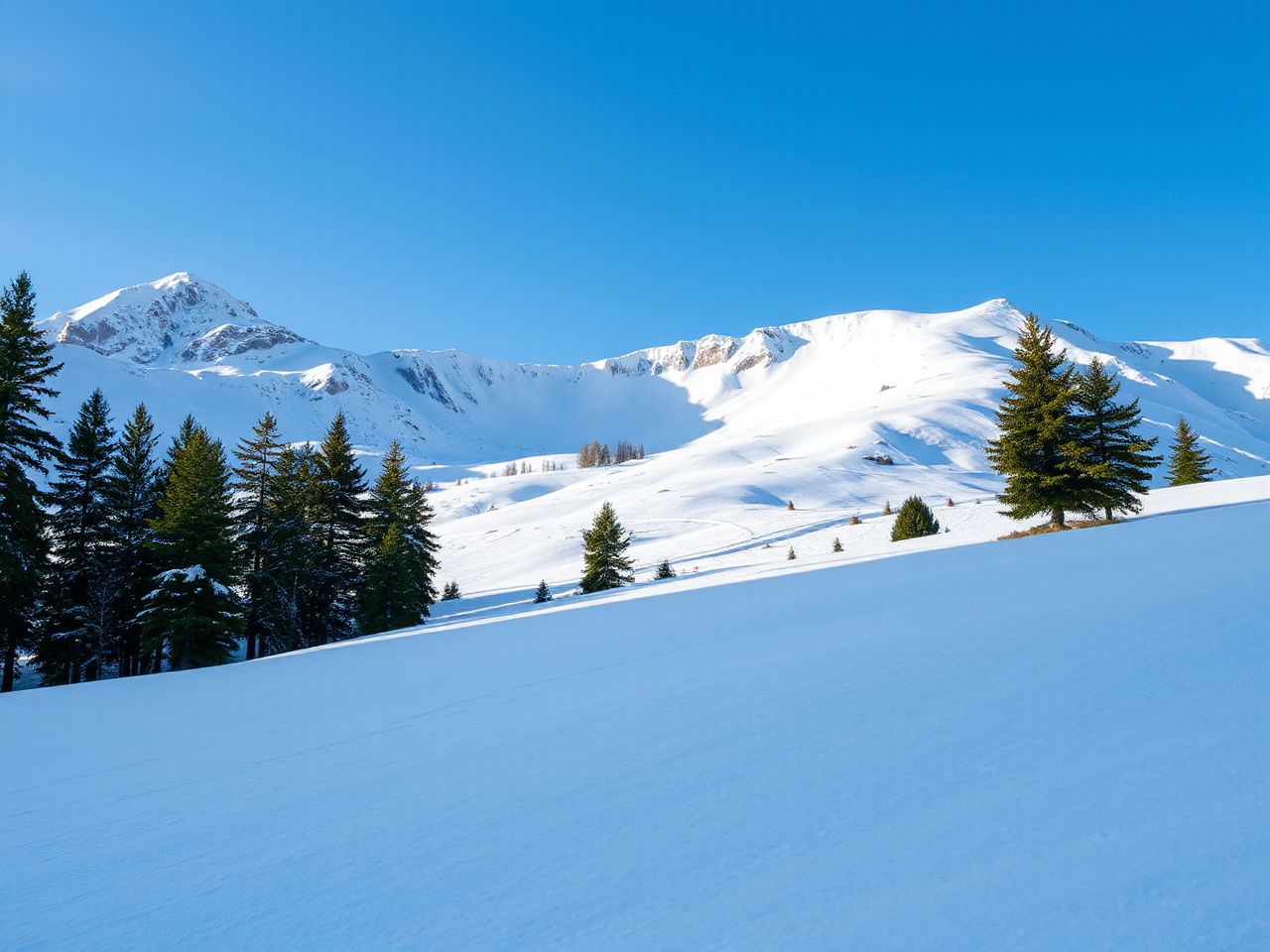 Snow-covered mountain slope with fresh powder and scattered pine trees under a clear blue sky