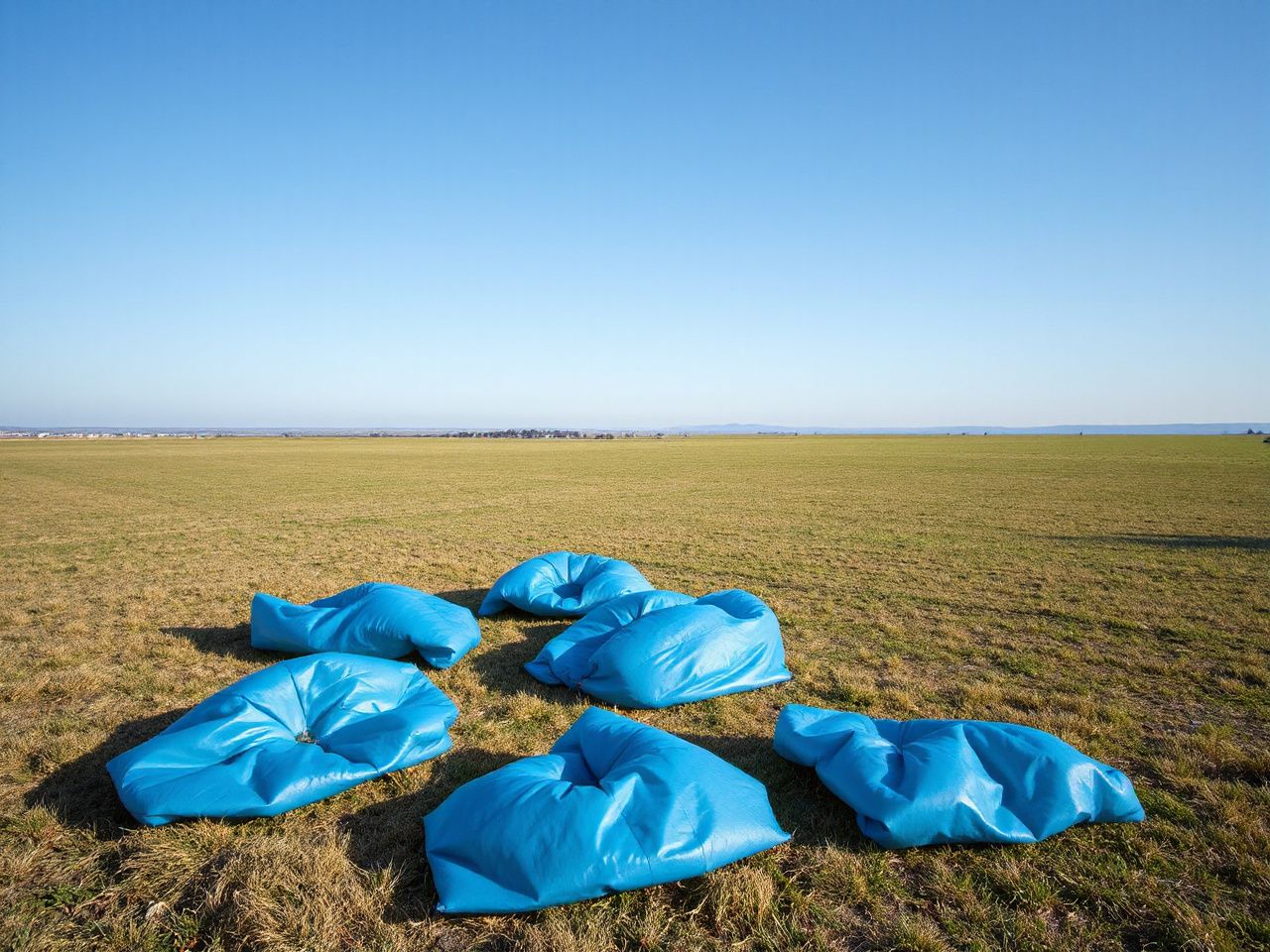 A clear blue sky above an open field with parachutes scattered on the ground ready for packing