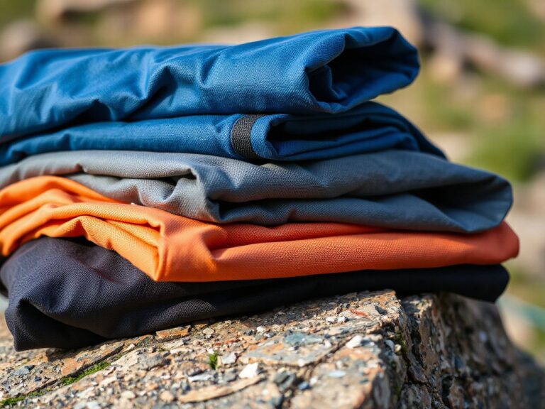 Close-up of several folded technical outdoor fabrics in blue, grey and orange stacked on a rock