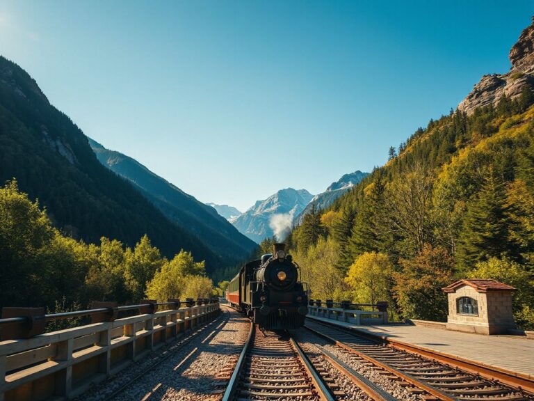 A vintage luxury train glides along a sunlit mountain railway surrounded by lush green forests and clear blue skies