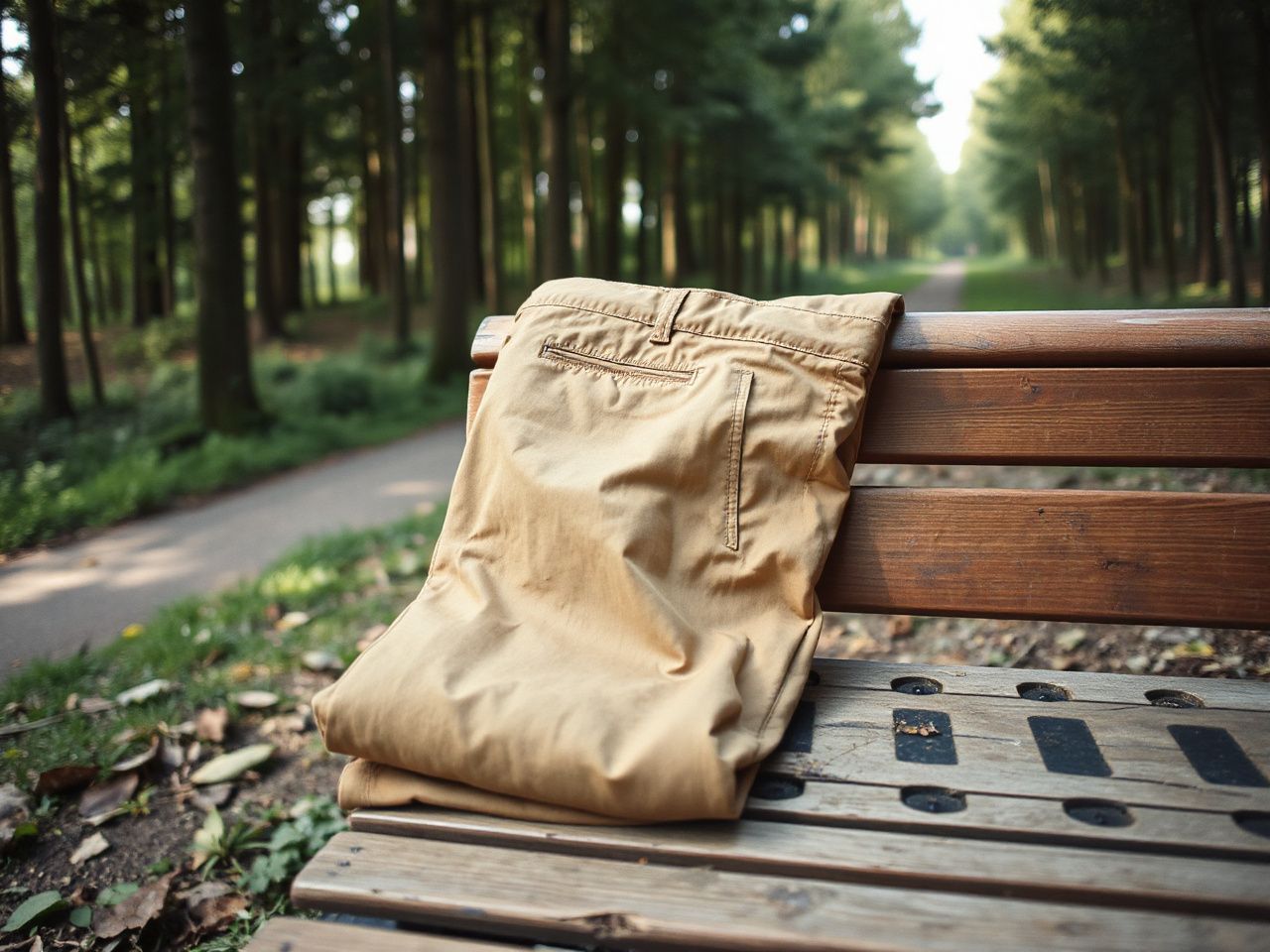 A pair of plain khaki slim cargo trousers folded on a wooden bench beside a forest path