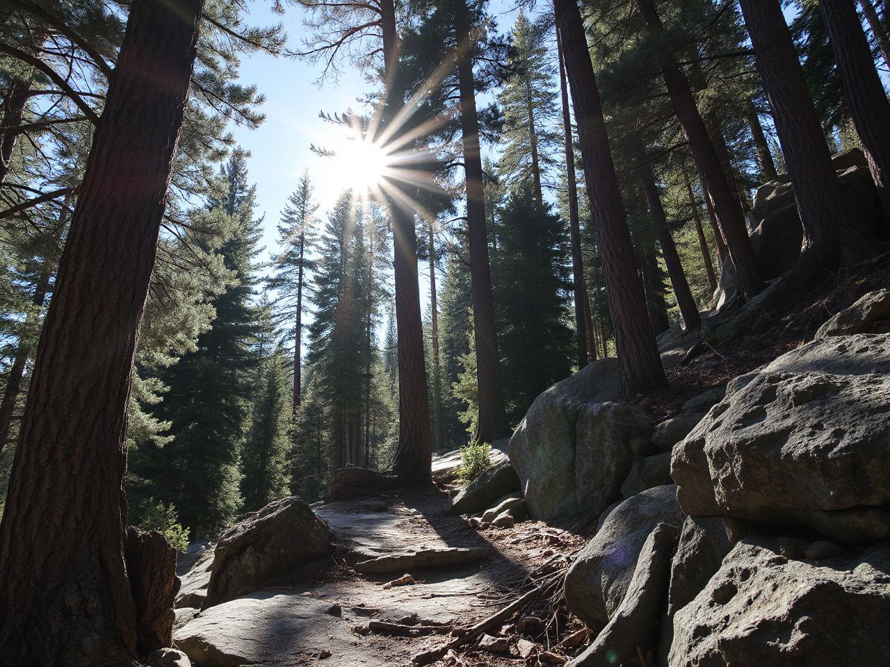 Sunlight filters through tall pine trees along a rugged mountain trail, highlighting textured bark and rocky ground