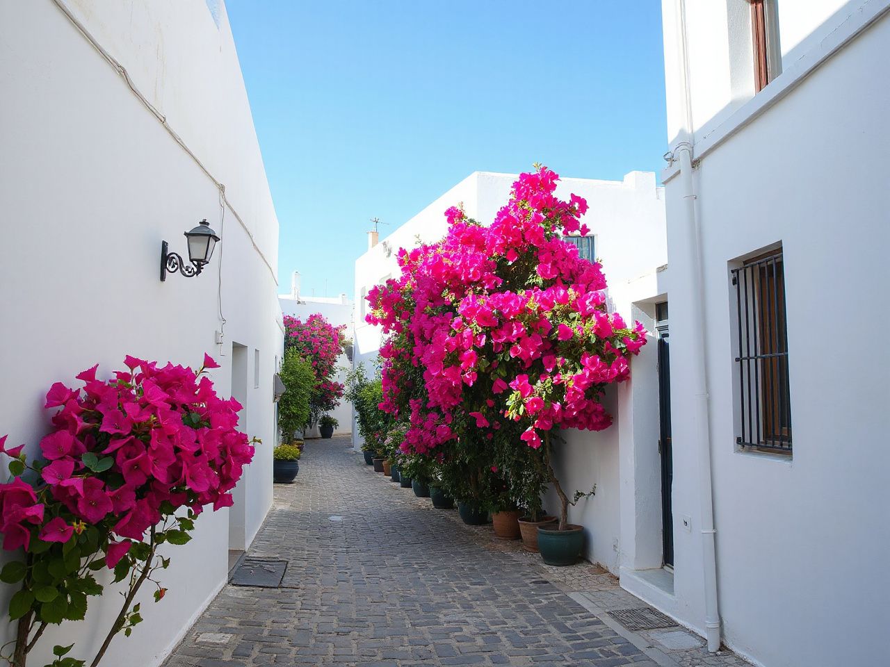Quiet cobblestone alley winding through whitewashed buildings with vibrant bougainvillea under a clear blue sky