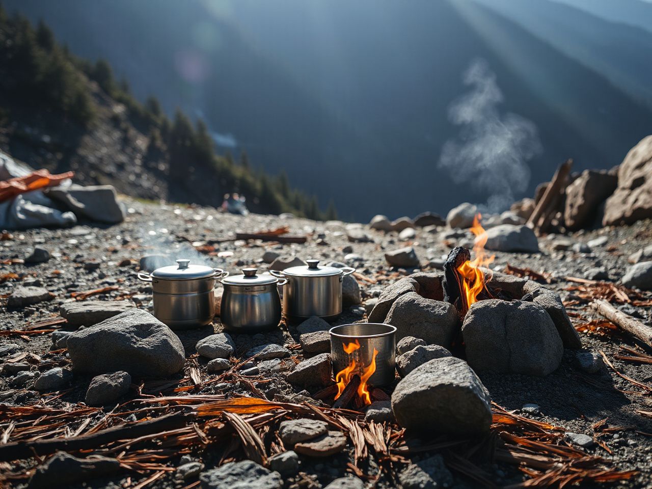 A sunlit mountain campsite with a compact cooking setup beside a rocky fire pit and scattered pine needles