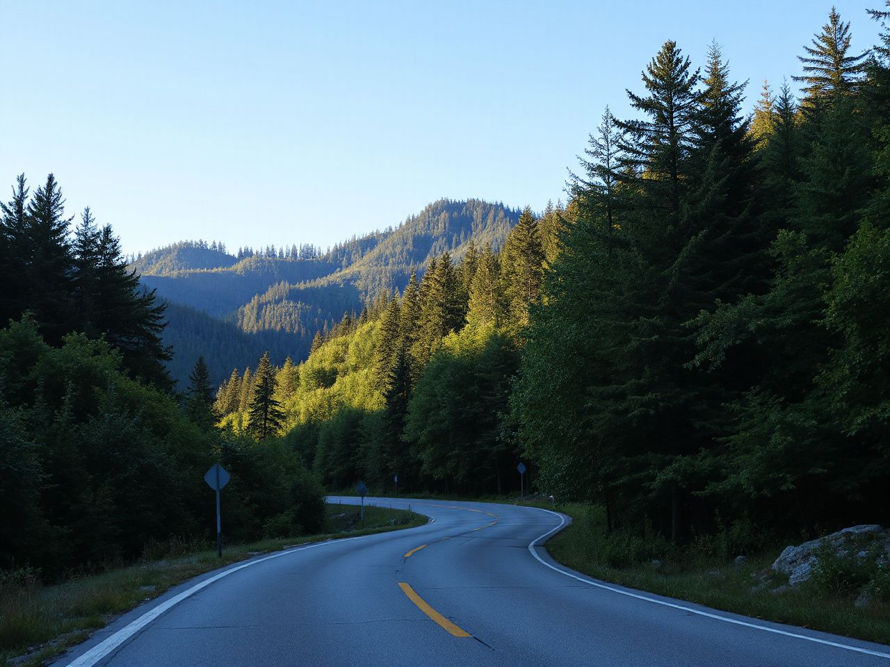 A quiet mountain road winding through lush green forests under a clear blue sky in daylight