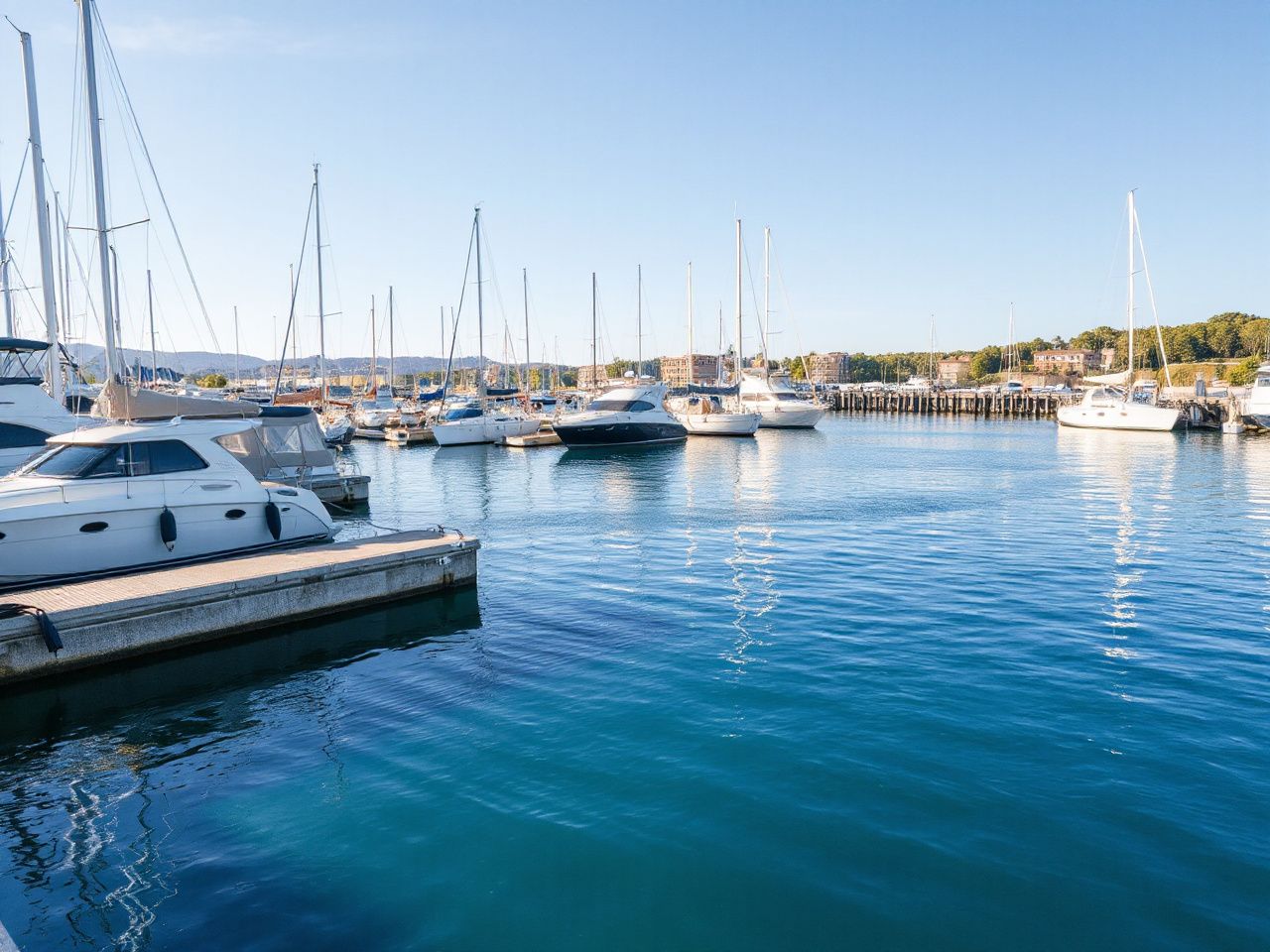 A peaceful harbor with several boats docked, viewed from a distance with calm water reflecting sunlight