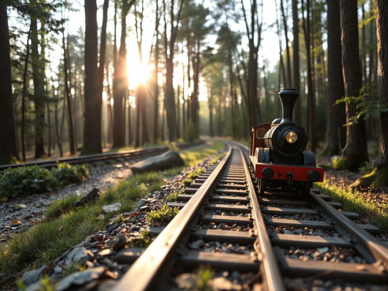 A vintage toy train engine resting on wooden tracks beside a sunlit forest trail in early morning