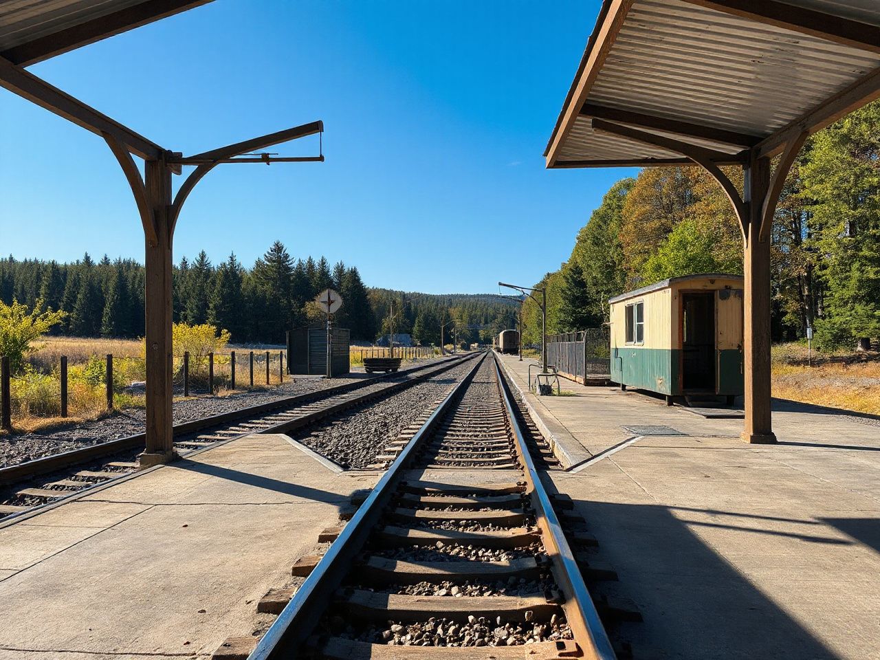 A sunlit railway platform with vintage train tracks stretching into a forested countryside under a clear blue sky