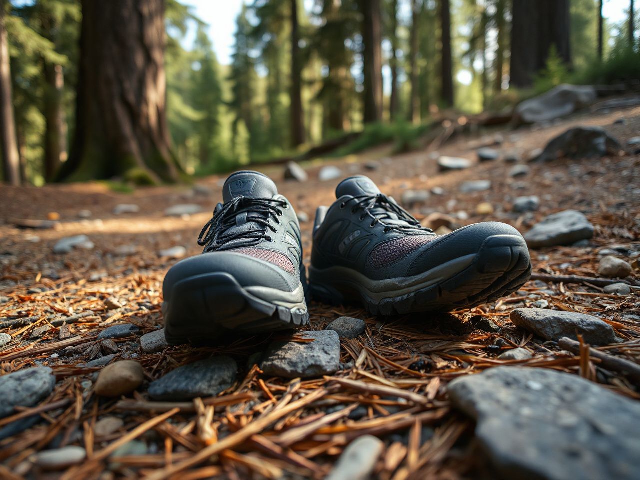 Close-up of rugged trail shoes resting on a rocky forest path with scattered pine needles and sunlight filtering through tree