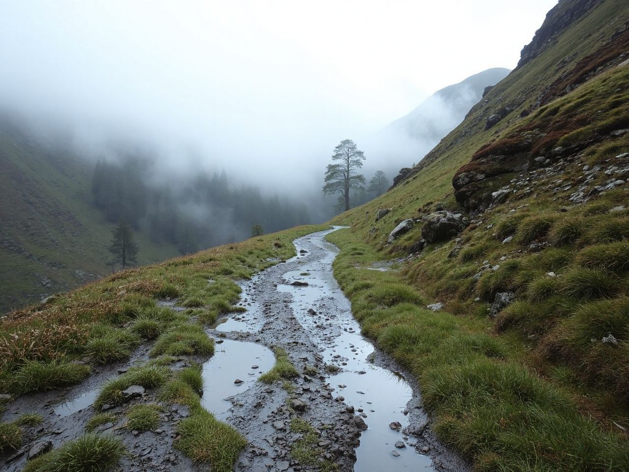 A misty mountain path bordered by wet grass and puddles, illustrating conditions for waterproof footwear