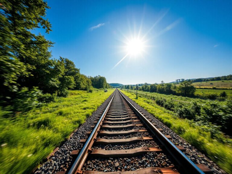 Sunlit train tracks stretching through a lush green countryside under a clear blue sky