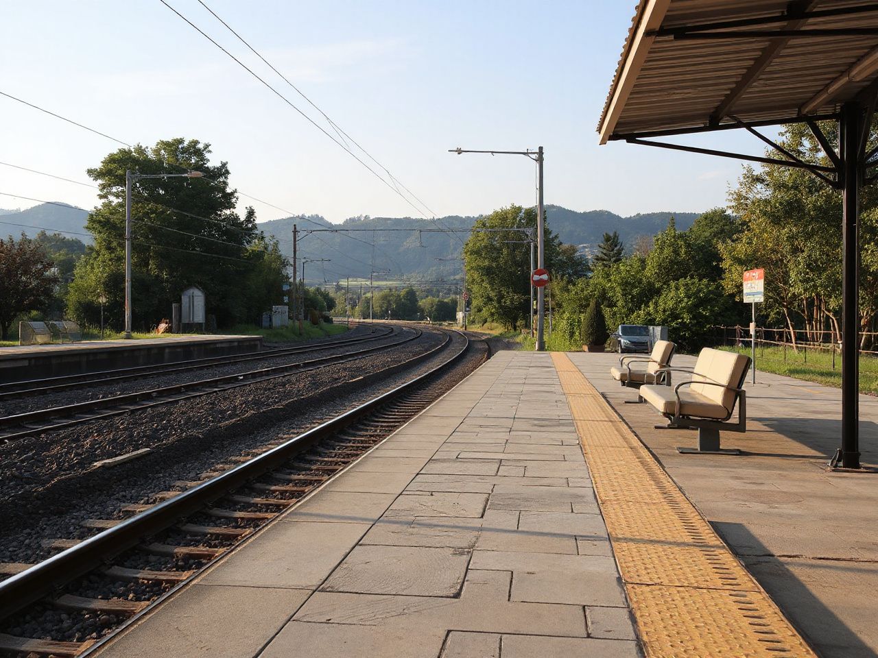 Quiet outdoor waiting area near railway tracks, surrounded by trees and distant hills in daylight