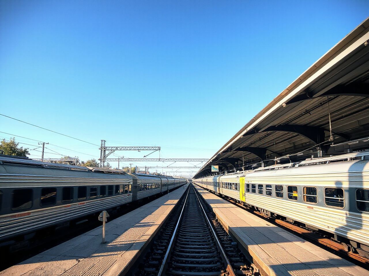 A sunlit train station platform with multiple carriages lined up under a clear blue sky