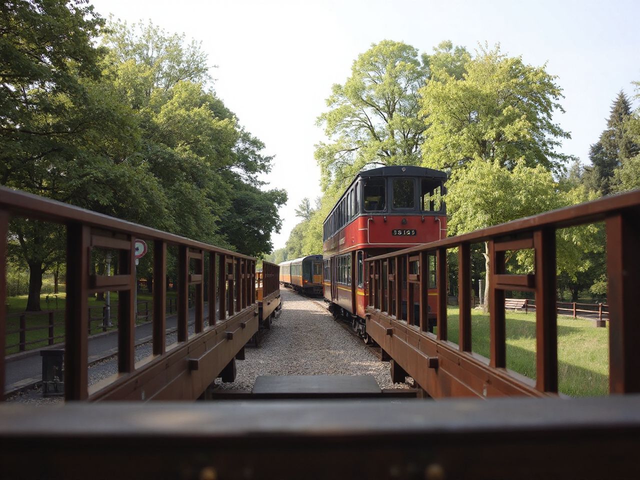 A double-decker train carriage viewed from a distance, framed by green trees and a bright afternoon