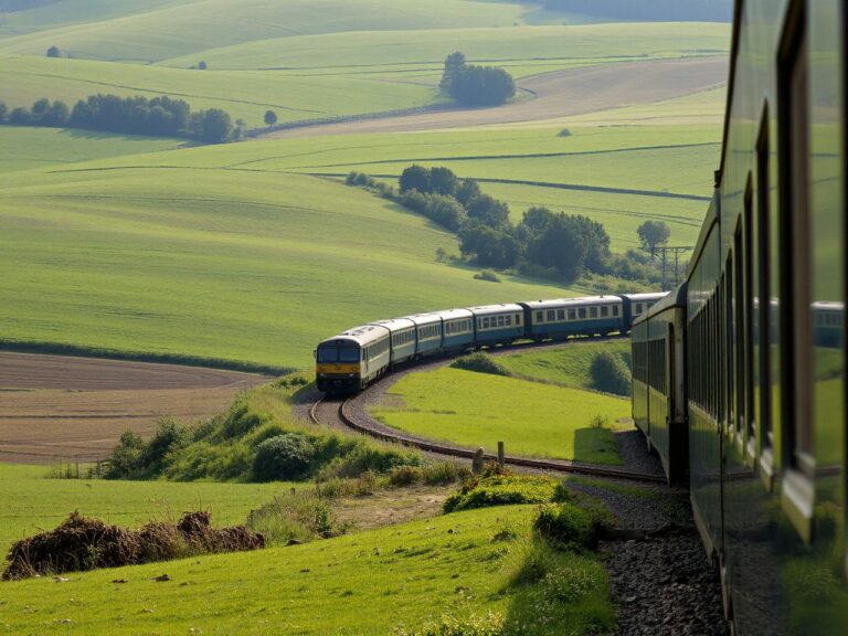 A long passenger train curving through green farmland in morning light, landscape photograph