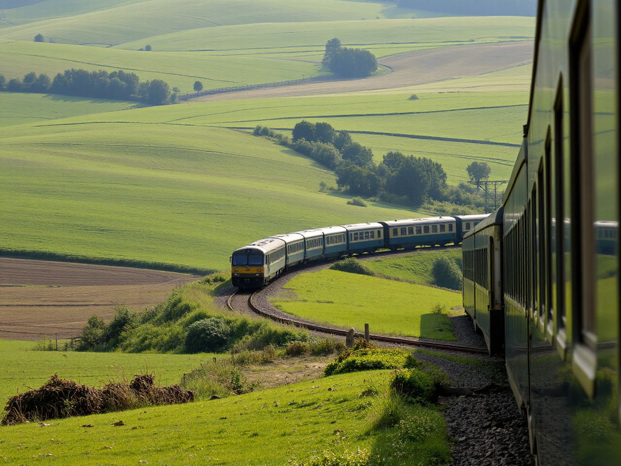A long passenger train curving through green farmland in morning light, landscape photograph