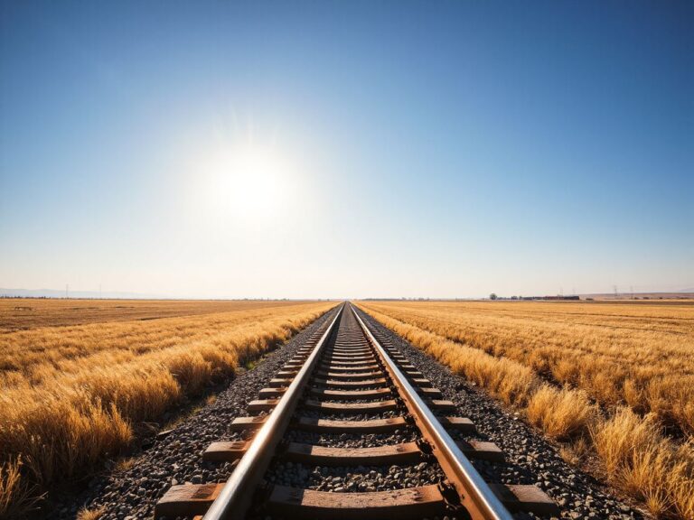 A sunlit railway track stretching through golden fields under a clear blue sky near Fresno